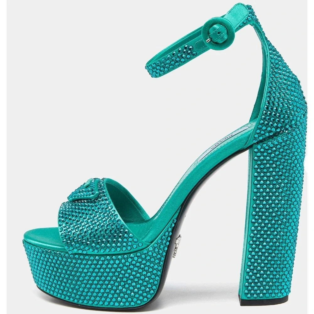 Prada Crystal‑Embellished Satin Platform Sandals Aqua Green Made in Italy. UK 39